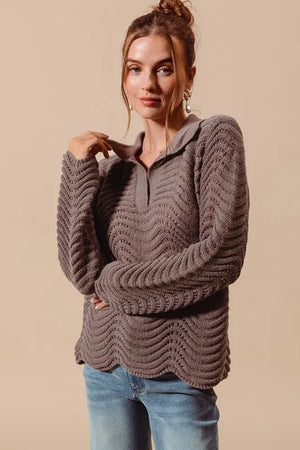 Notched Collar Wavy Texture Sweater Top in Coffee