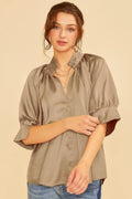 Elegant Satin V-Neck Blouse with Open Short Sleeves and Woven Detail — Livostyle