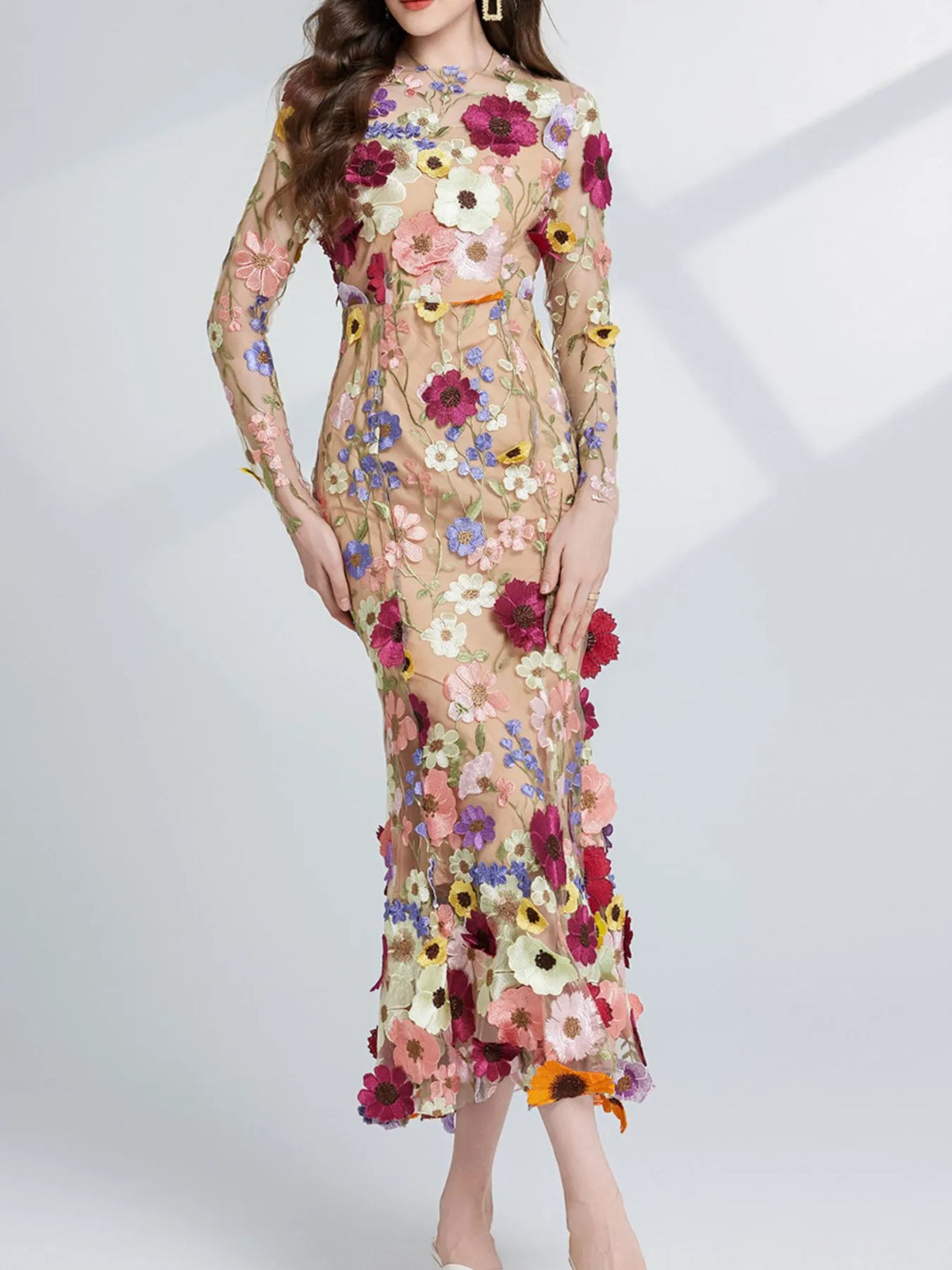 Floral Embroidered Mesh Long Sleeve Tiered Midi Dress – photo 4