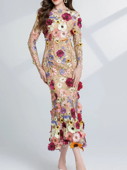 Floral Embroidered Mesh Long Sleeve Tiered Midi Dress – photo 4