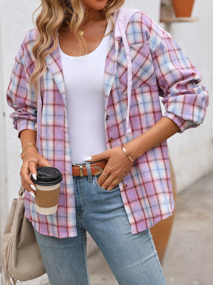 Plaid Button-Up Hooded Shirt with Chest Pocket detail — Livostyle