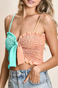 Vibrant Color-Block Smocked Bra Top with Ribbon Detail — Livostyle