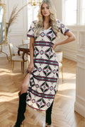 Aztec Print V-Neck Midi Dress with Split Hem in Beige