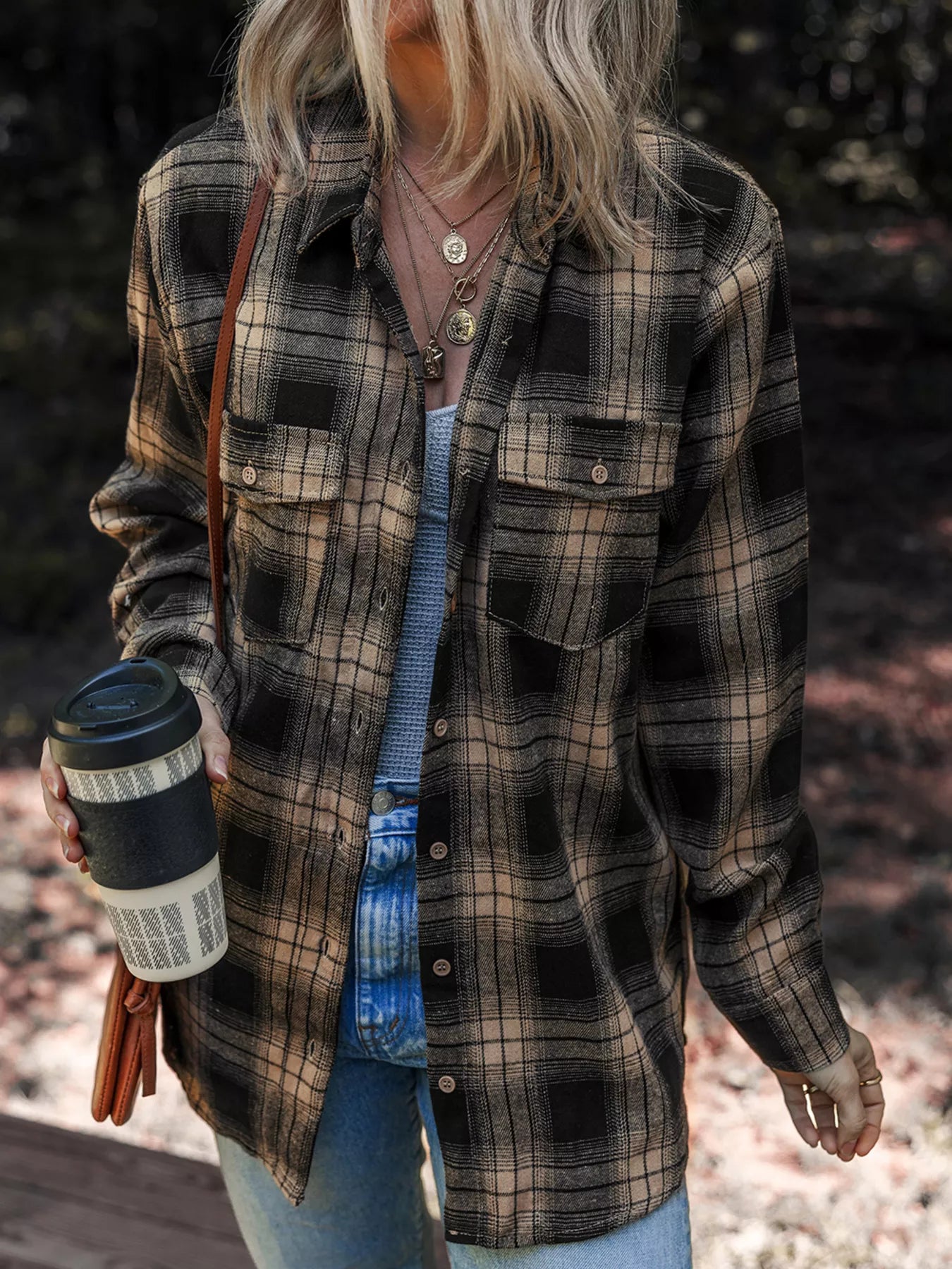 Plaid Double Flap Pocket Brushed Shacket — Livostyle