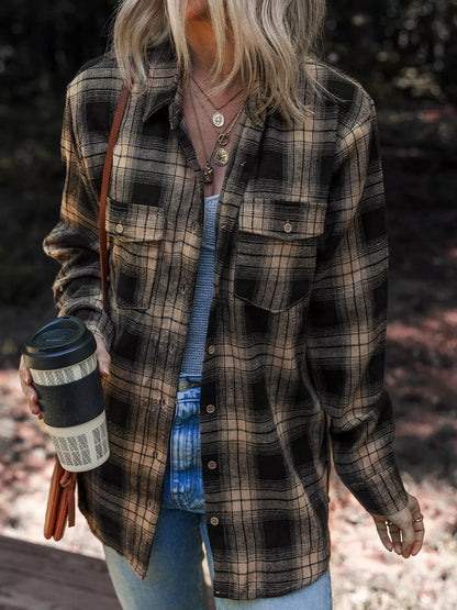 Plaid Double Flap Pocket Brushed Shacket — Livostyle