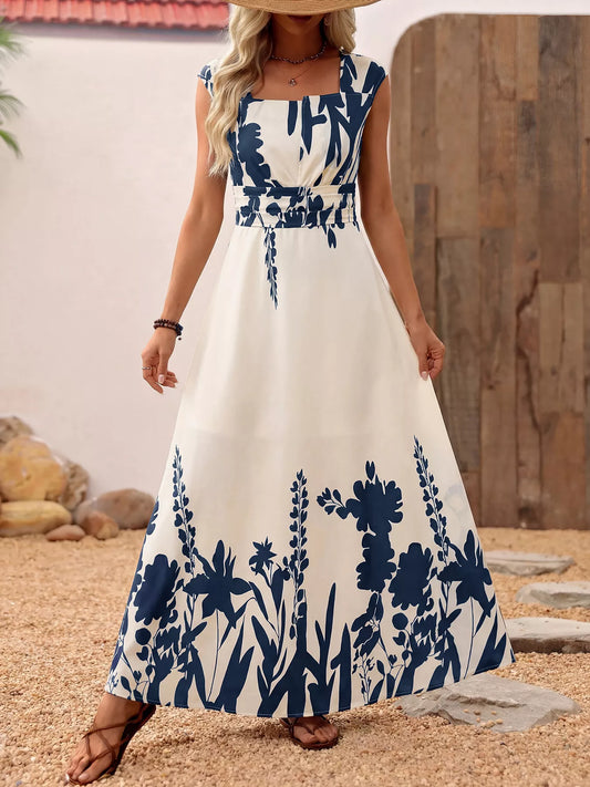 Printed Square Neck Maxi Dress with Zipper in Blue