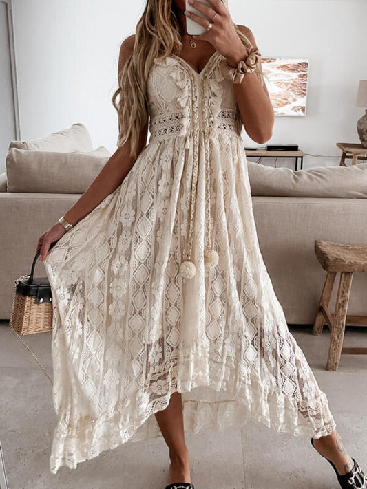 Ruffled Lace V-Neck Maxi Dress with Tassel – Plus Size in Beige