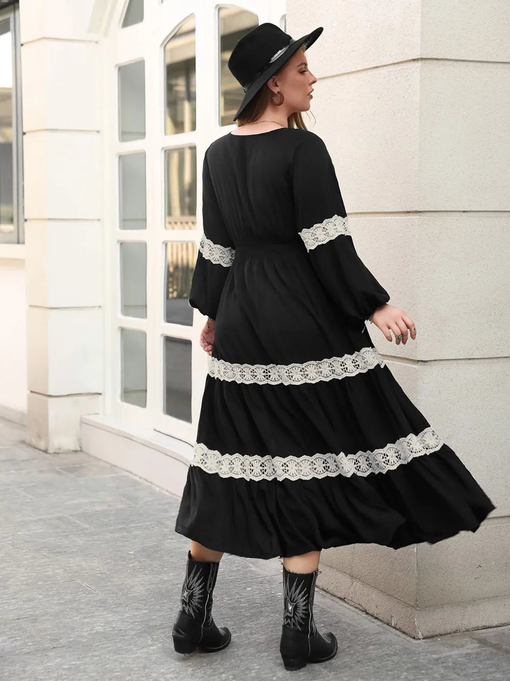 Lace Detail Openwork V-Neck Long Sleeve Midi Dress – Plus Size