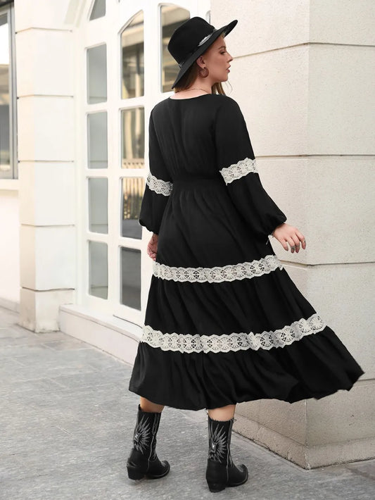 Lace Detail Openwork V-Neck Long Sleeve Midi Dress – Plus Size