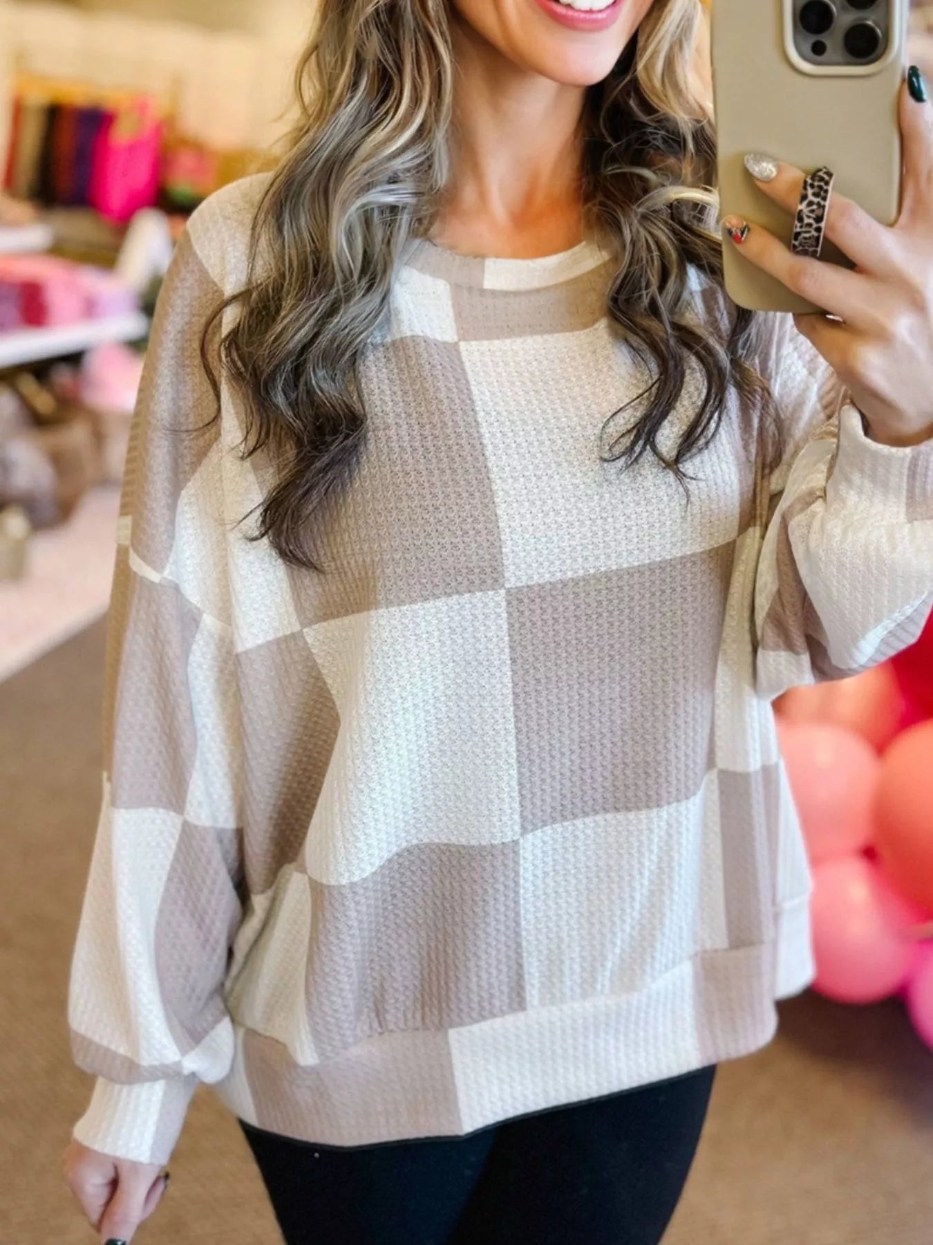 Checkered Breathable Textured Long Sleeve Top back view — Livostyle
