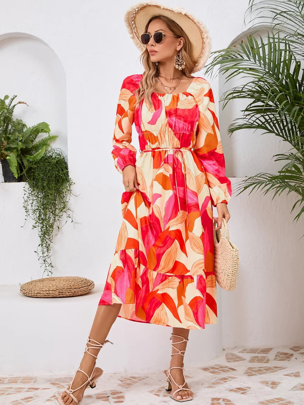 Printed Long Sleeve Midi Dress with Tie Detail – photo 8