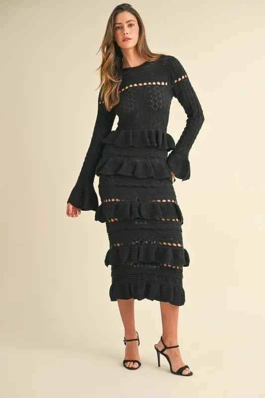 MABLE Long Sleeve Tiered Ruffle Knit Midi Dress