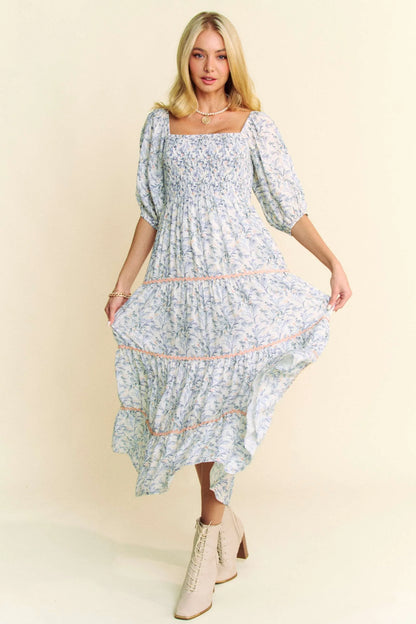 Chic Tiered Midi Dress with Contrast Smocking Detail — Livostyle