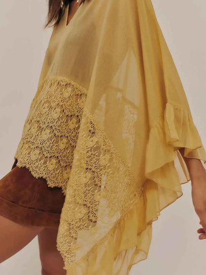 Lace V-Neck Ruffle Long Sleeve Cover-Up