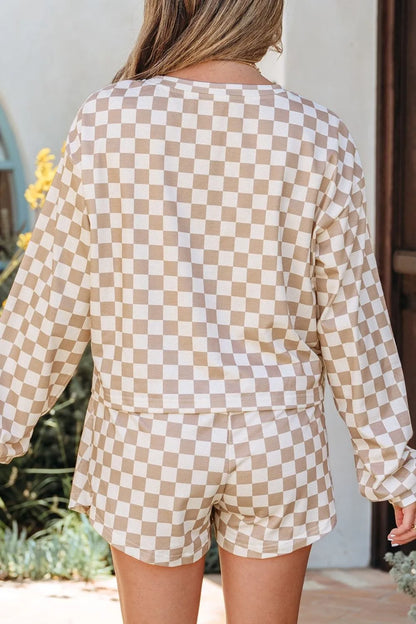 Checkered Long Sleeve Top and Skirt Two-Piece Set styling — Livostyle