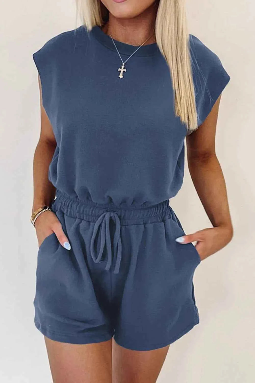Round Neck Drawstring Waist Romper — Livostyle