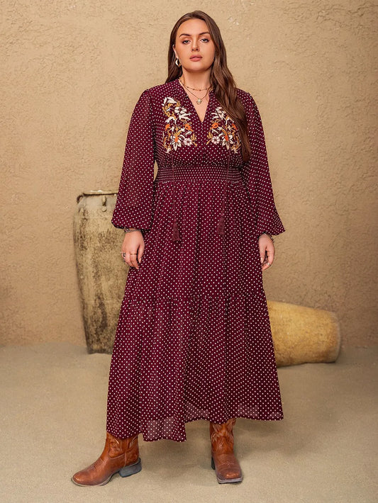 Embroidered Polka Dot Tie Neck Long Sleeve Midi Dress – Plus Size in Burgundy