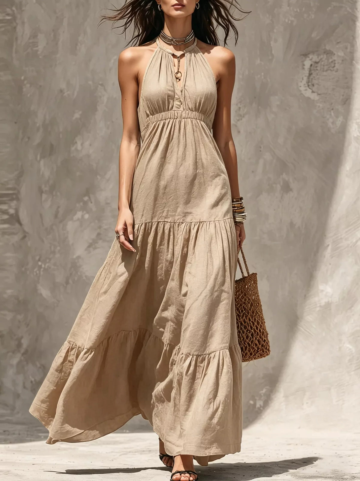 Sleeveless Tiered Smocked Maxi Dress in Khaki