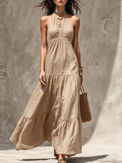 Sleeveless Tiered Smocked Maxi Dress in Khaki