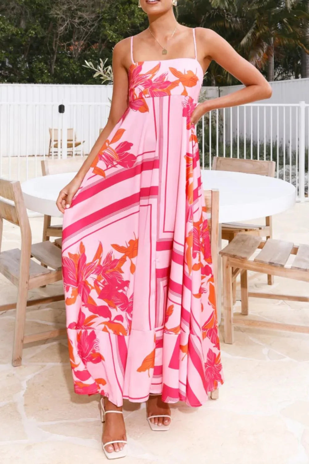 Printed Square Neck Cami Maxi Dress with Slit and Tie in Red Print