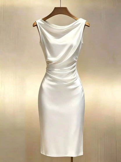Satin Cowl Neck Ruched Sleeveless Dress in White