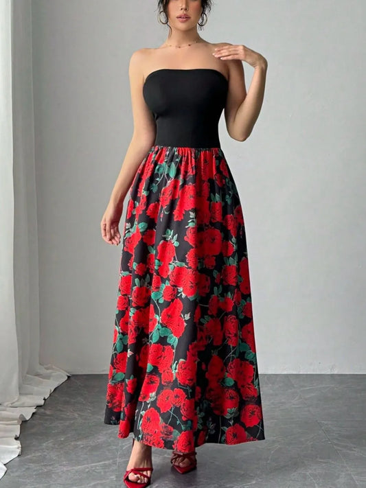 Floral Tube Maxi Dress in Black