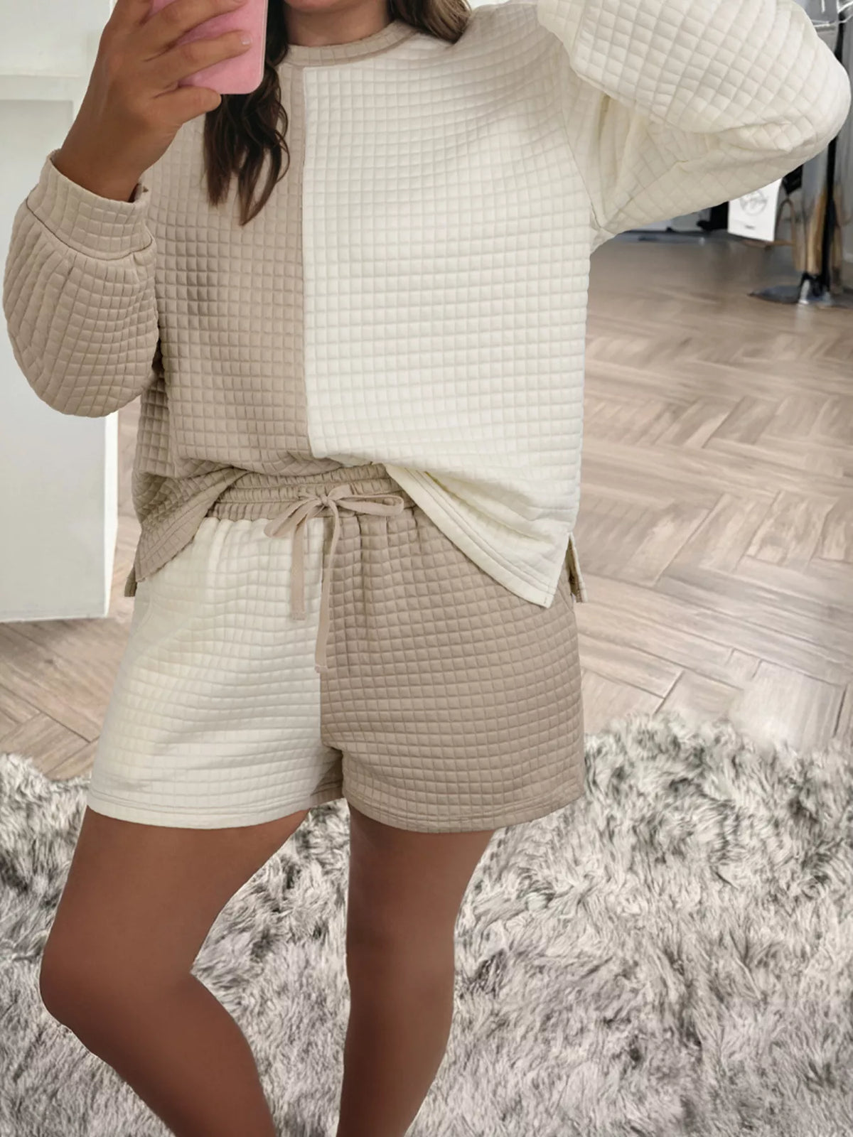 Color Block Patchwork Waffle Knit Top and Shorts Lounge Set in Khaki