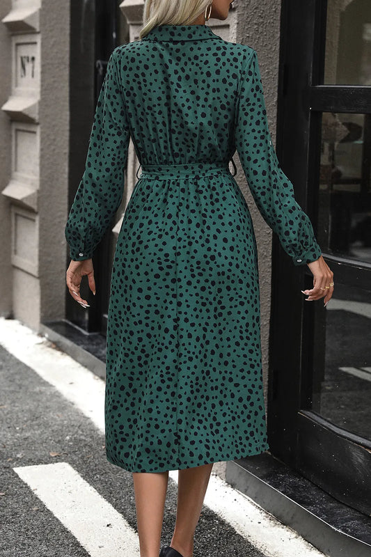 Printed Belted Long Sleeve Midi Dress with Buttons
