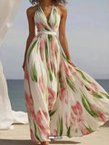 Floral Halter Neck Smocked Maxi Dress with Tie