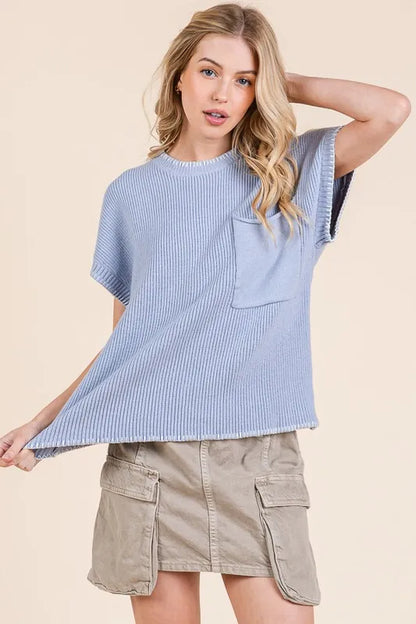 Solid Cap Sleeve Stitch Edge Knit Sweater — Livostyle