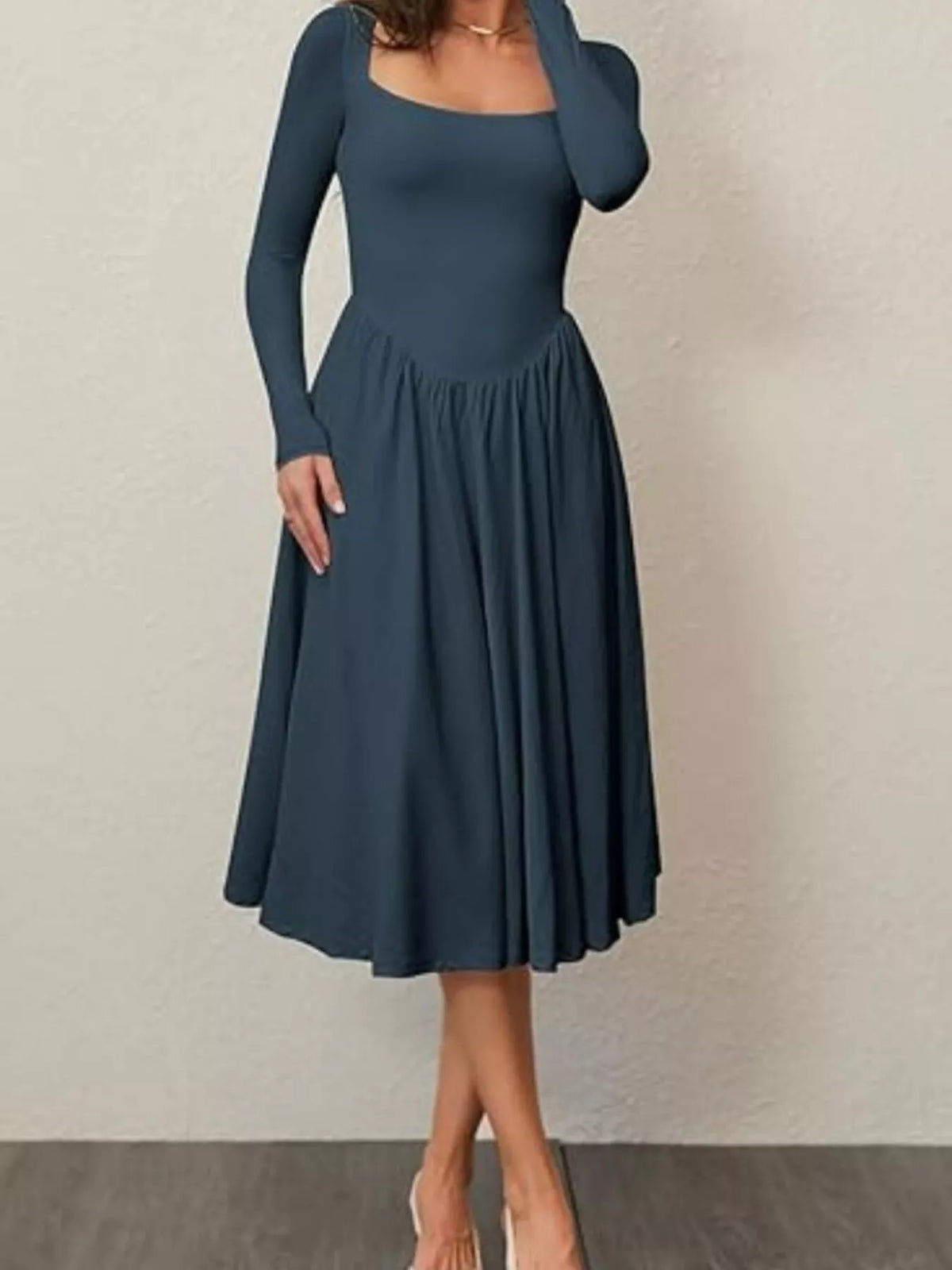 Square Neck Long Sleeve Midi Dress in Cotton Blend – photo 10