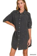 Washed Double Gauze Button Down Shirt Dress in ASH BLACK