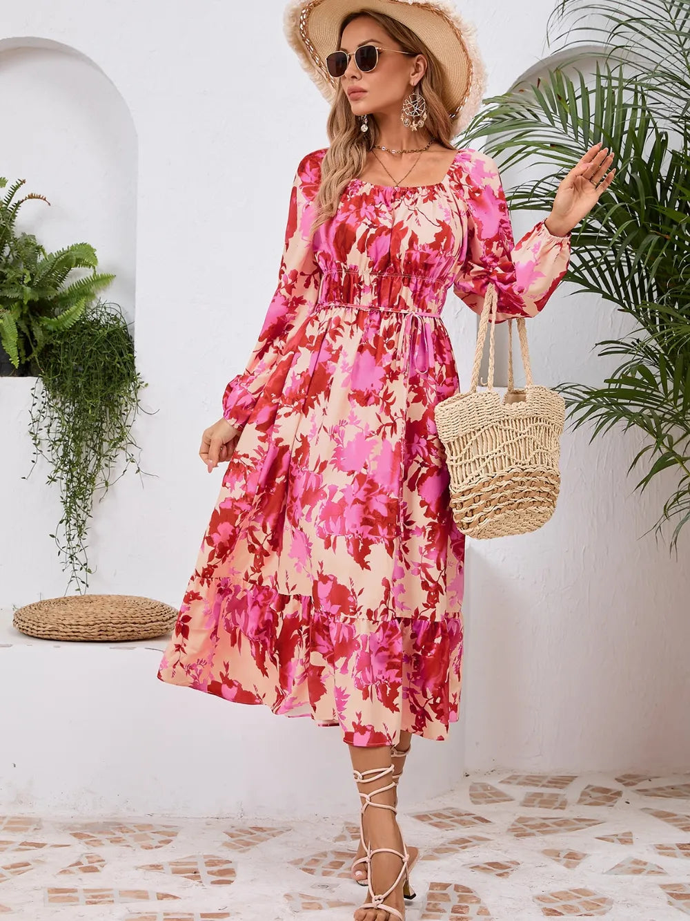 Printed Long Sleeve Midi Dress with Tie Detail – photo 13