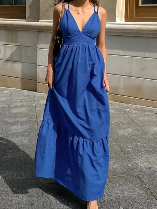 V-Neck Tiered Maxi Cami Dress with Crisscross Back