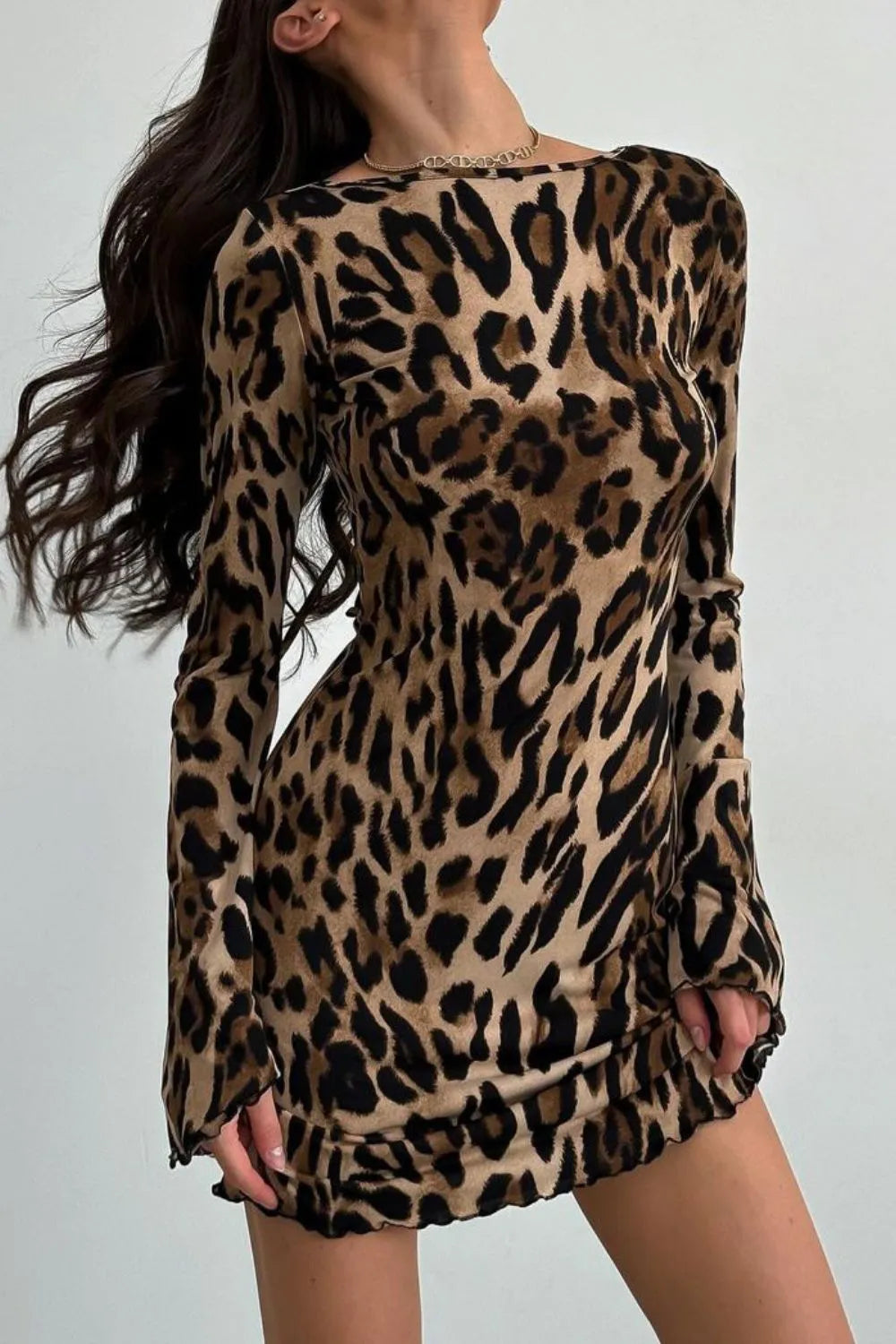 Backless Leopard Long Sleeve Mini Dress detail — Livostyle