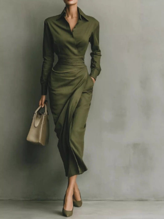 Long Sleeve Wrap Midi Shirt Dress with Pockets in Green