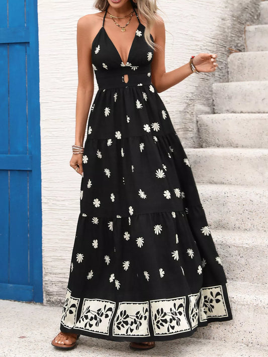 Printed Backless Halter Neck Tie Maxi Dress