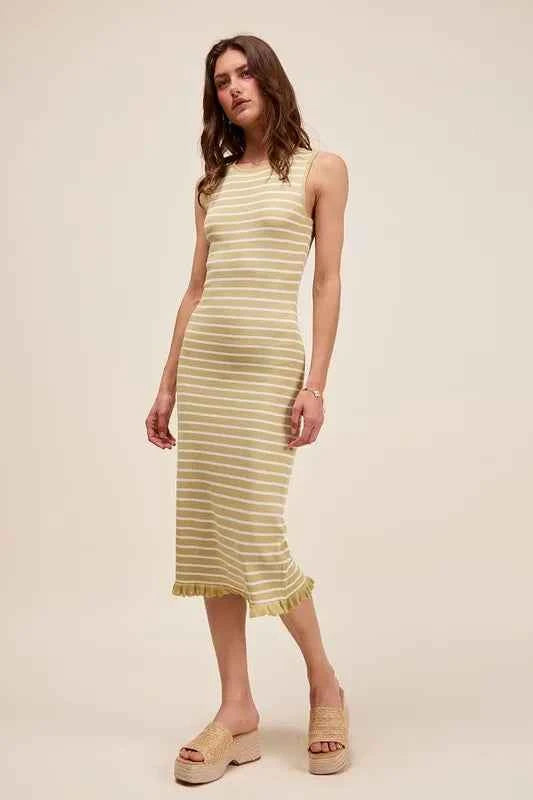 SO ME Stripe Sleeveless Sweater Knit Maxi Dress With Ruffled Hem