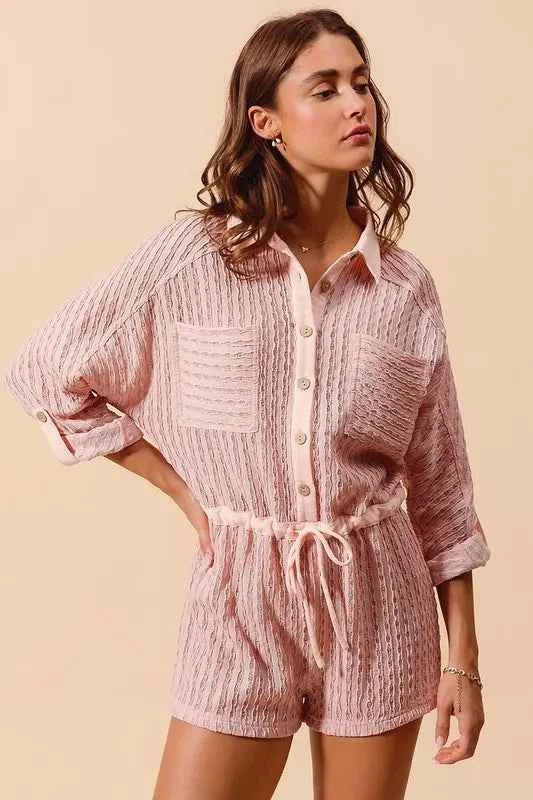 SO ME Textured Knit Button Front Romper