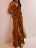 Ruffled Halter Neck Tie Maxi Dress in Caramel