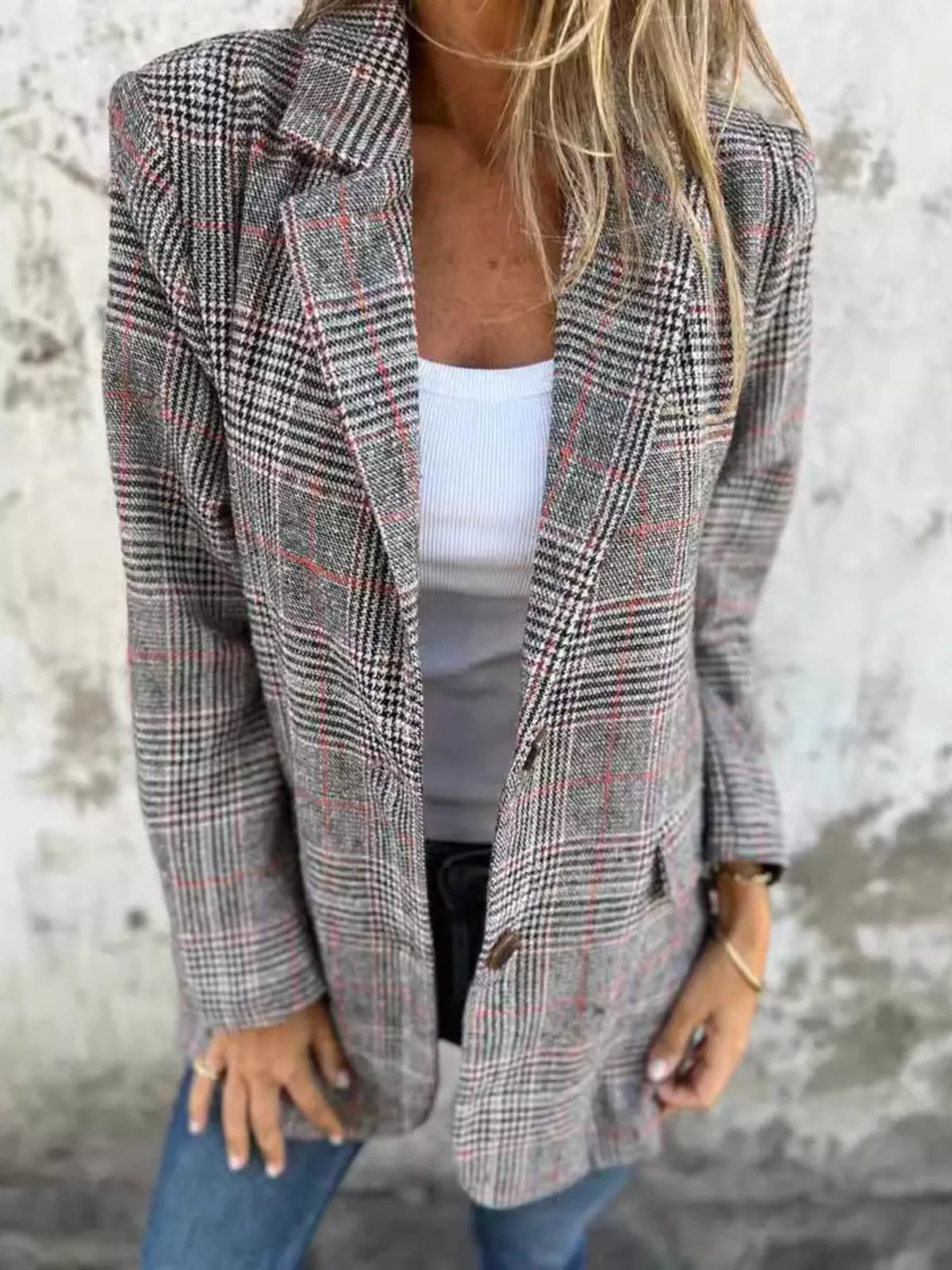Full Size Plaid Single-Breasted Long Sleeve Blazer Plus Size styling — Livostyle