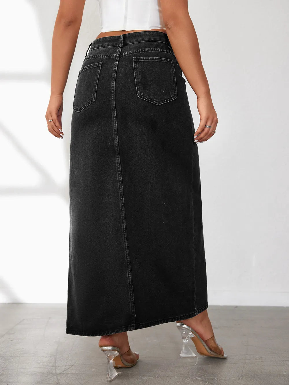 High Rise Slit Denim Skirt back view — Livostyle