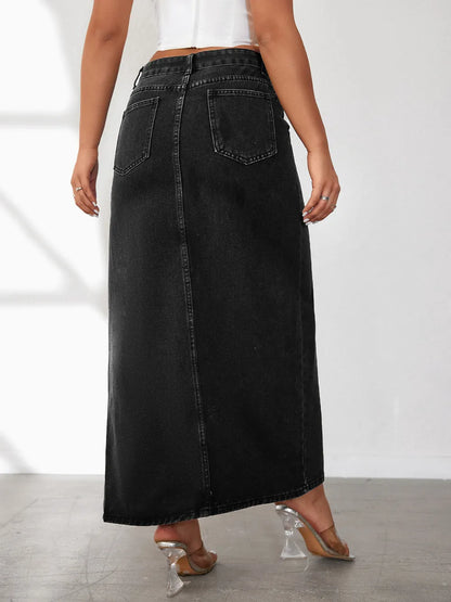 High Rise Slit Denim Skirt back view — Livostyle