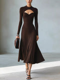 Mock Neck Cut-Out Long Sleeve Midi Dress – Plus Size in Dark Brown