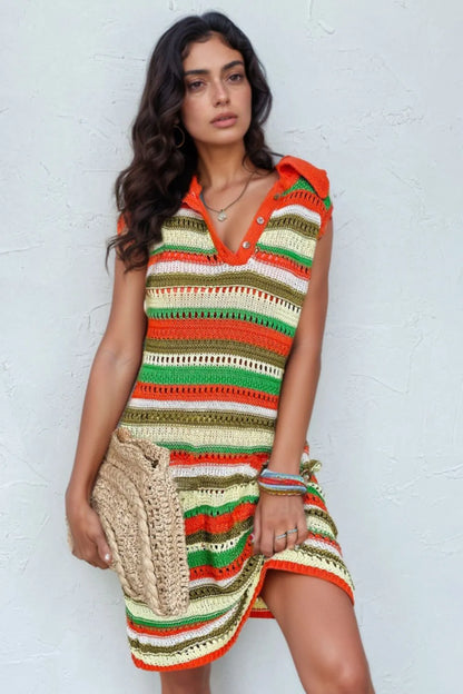Openwork Stripe Sleeveless Sweater Dress — Livostyle