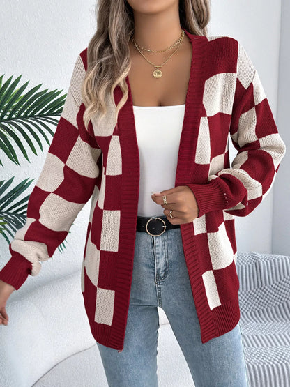 Checkered Pattern Open Front Cardigan detail — Livostyle