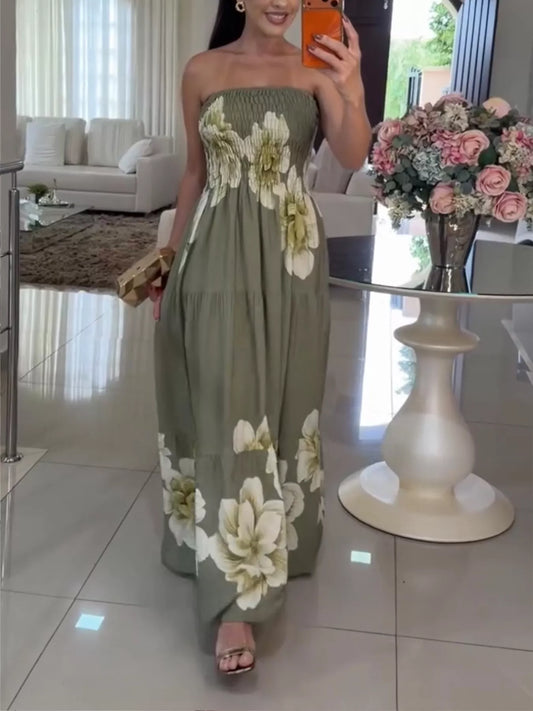 Floral Smocked Strapless Tiered Maxi Dress