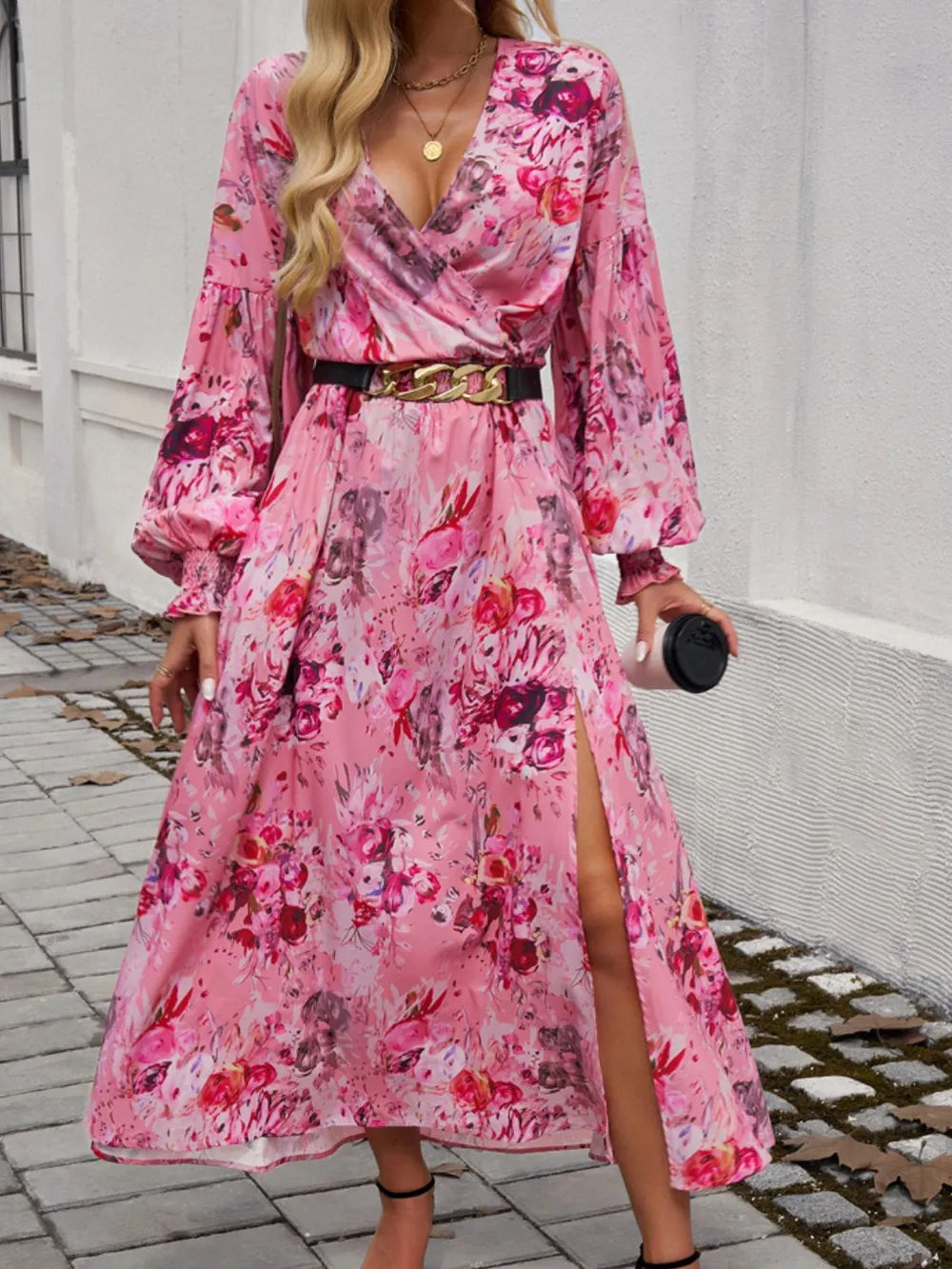 Printed Surplice Long Sleeve Midi Dress with Split Hem – photo 8