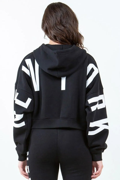 Stylish Cropped Hoodie with Letter Graphic & Drawstring — Livostyle