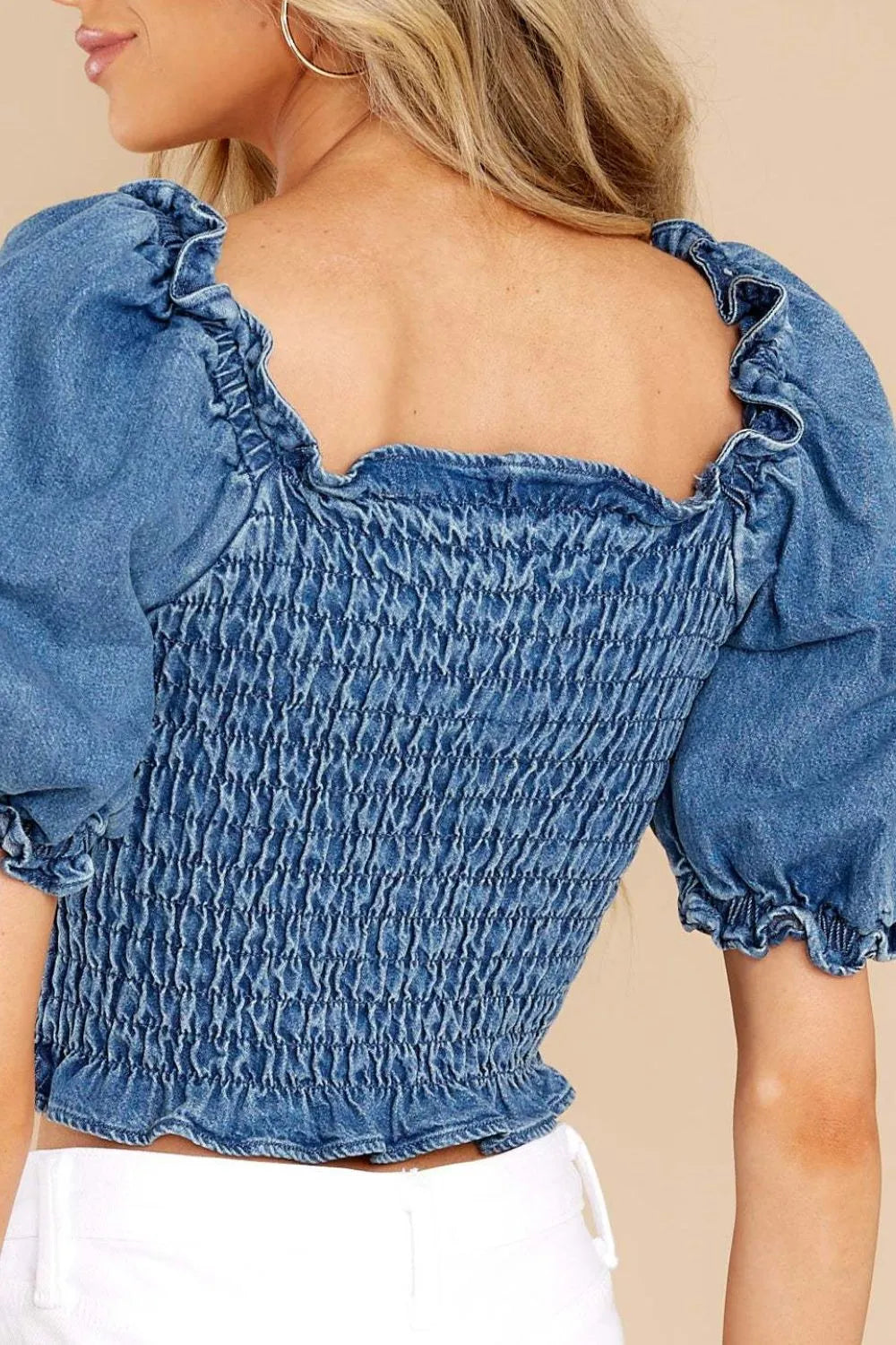 Puff Sleeve Smocked Cropped Denim Top back view — Livostyle